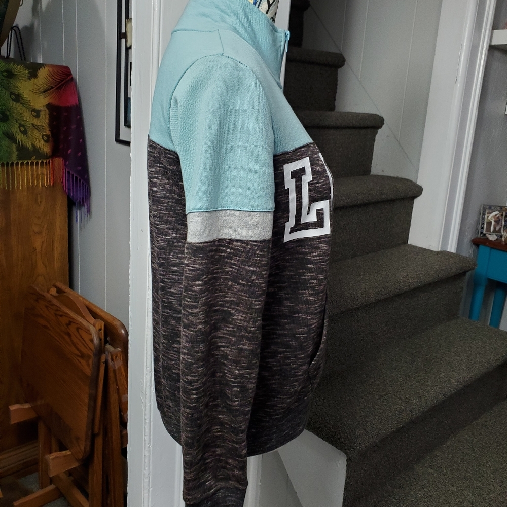 TEAL, WHITE, & BLACK & BROWN BLENDED PULLOVER "LOVE" 1/4 ZIP PULLOVER SWEATSHIRT - Picture 5 of 15